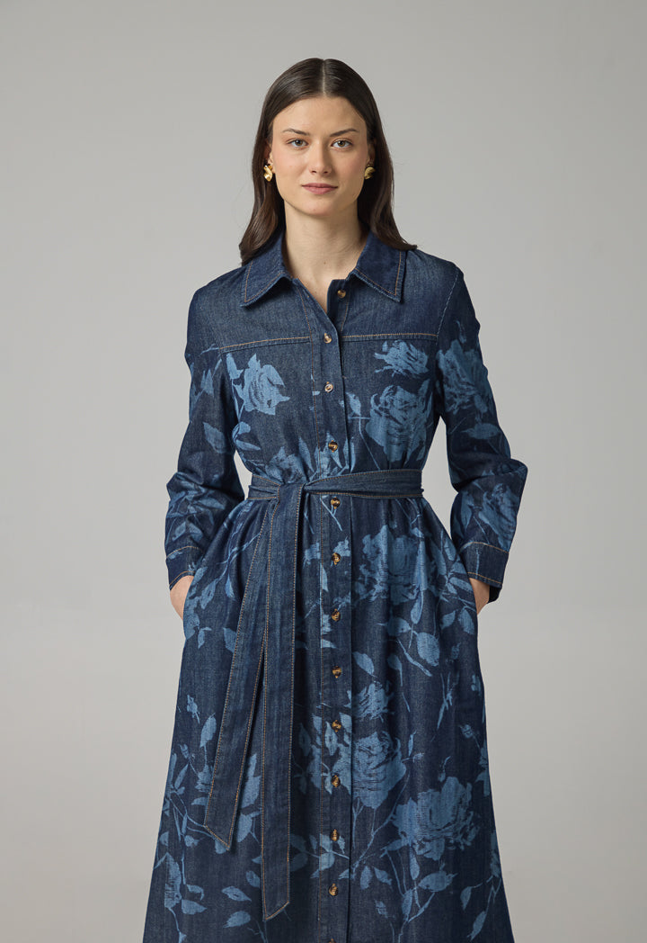 Choice Floral Print Denim Shirt Dress Indigo