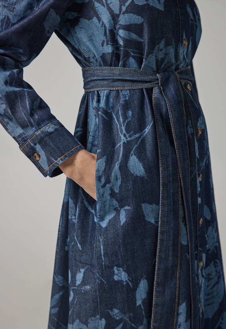 Choice Floral Print Denim Shirt Dress Indigo