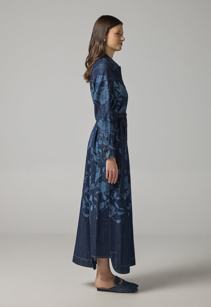Choice Floral Print Denim Shirt Dress Indigo