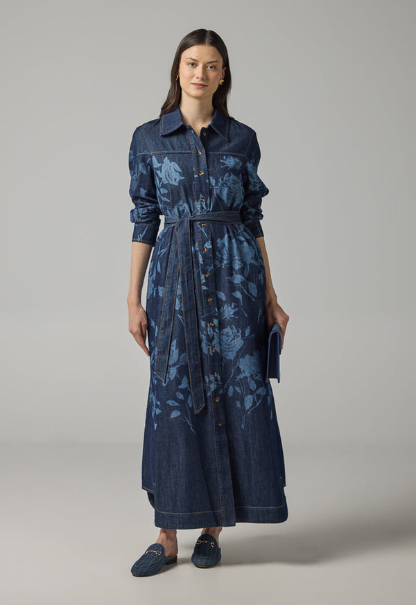 Choice Floral Print Denim Shirt Dress Indigo