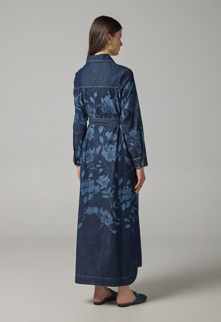 Choice Floral Print Denim Shirt Dress Indigo