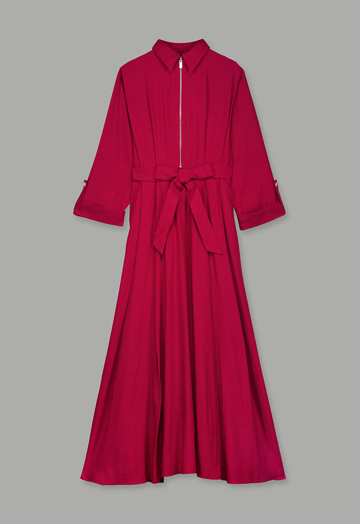 Choice Solid Belted Flared Dress Fuchsia