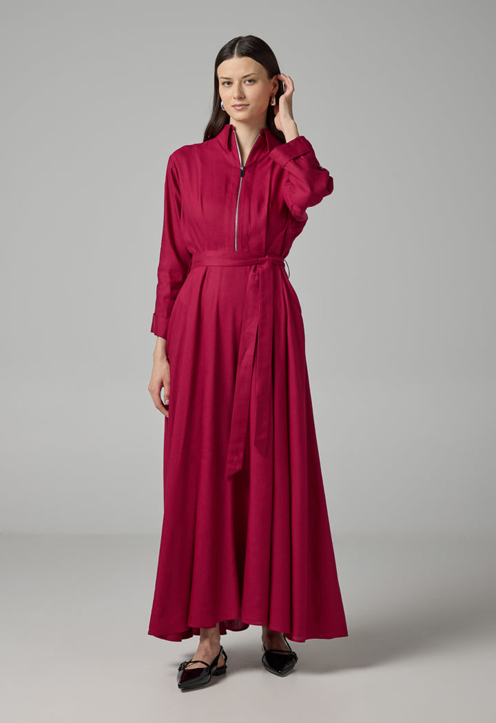 Choice Solid Belted Flared Dress Fuchsia