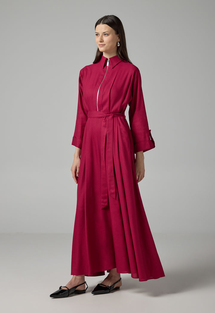 Choice Solid Belted Flared Dress Fuchsia