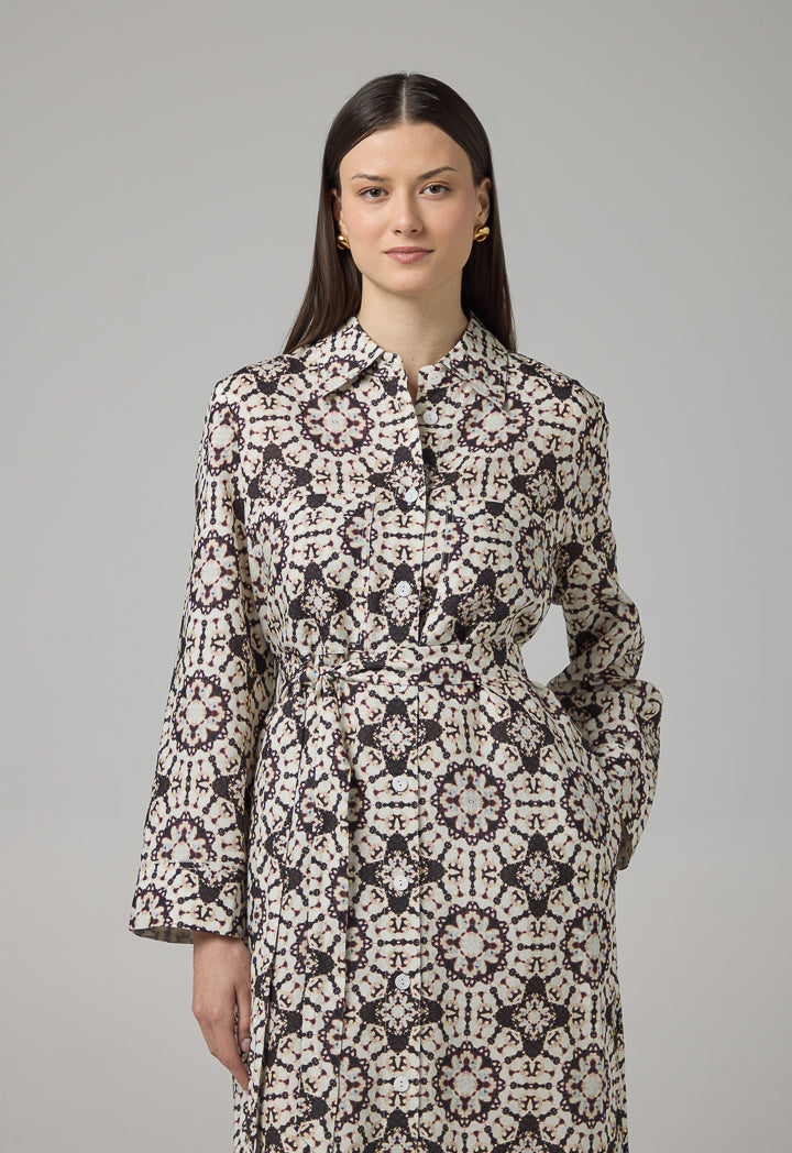 Choice Printed Belted Shirt Dress Brown