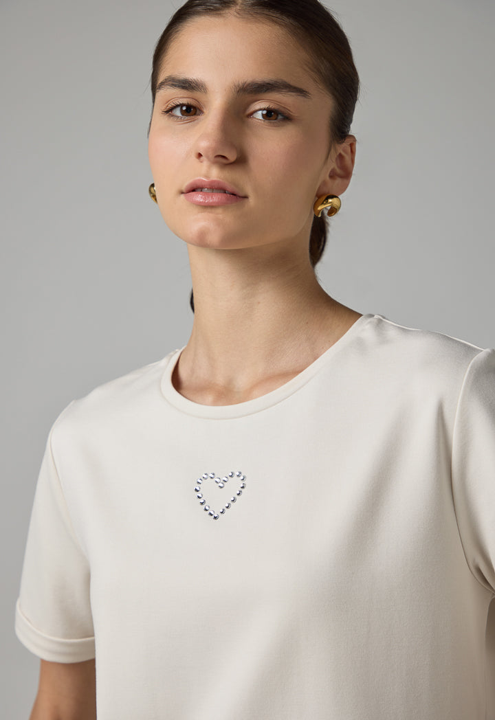 Choice Crystal Embellished Solid T-Shirt Beige