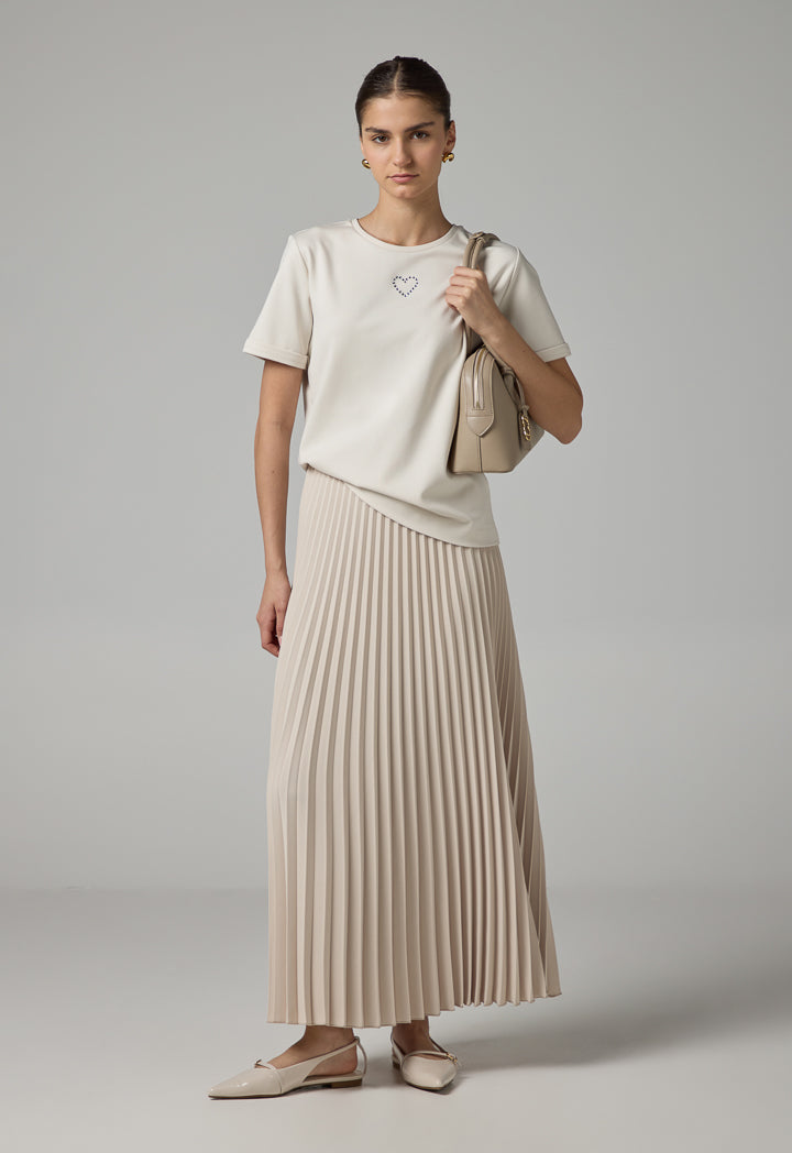 Choice Crystal Embellished Solid T-Shirt Beige