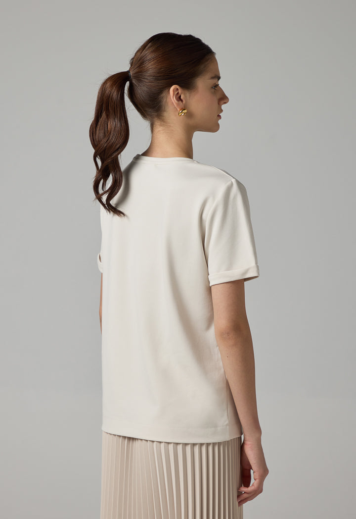 Choice Crystal Embellished Solid T-Shirt Beige