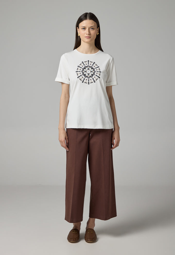 Choice Crystal Embellished Printed Motif T-Shirt Off White