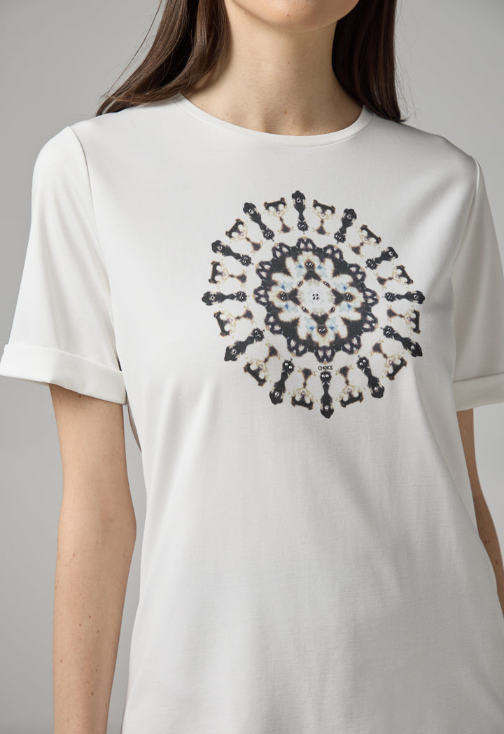 Choice Crystal Embellished Printed Motif T-Shirt Off White