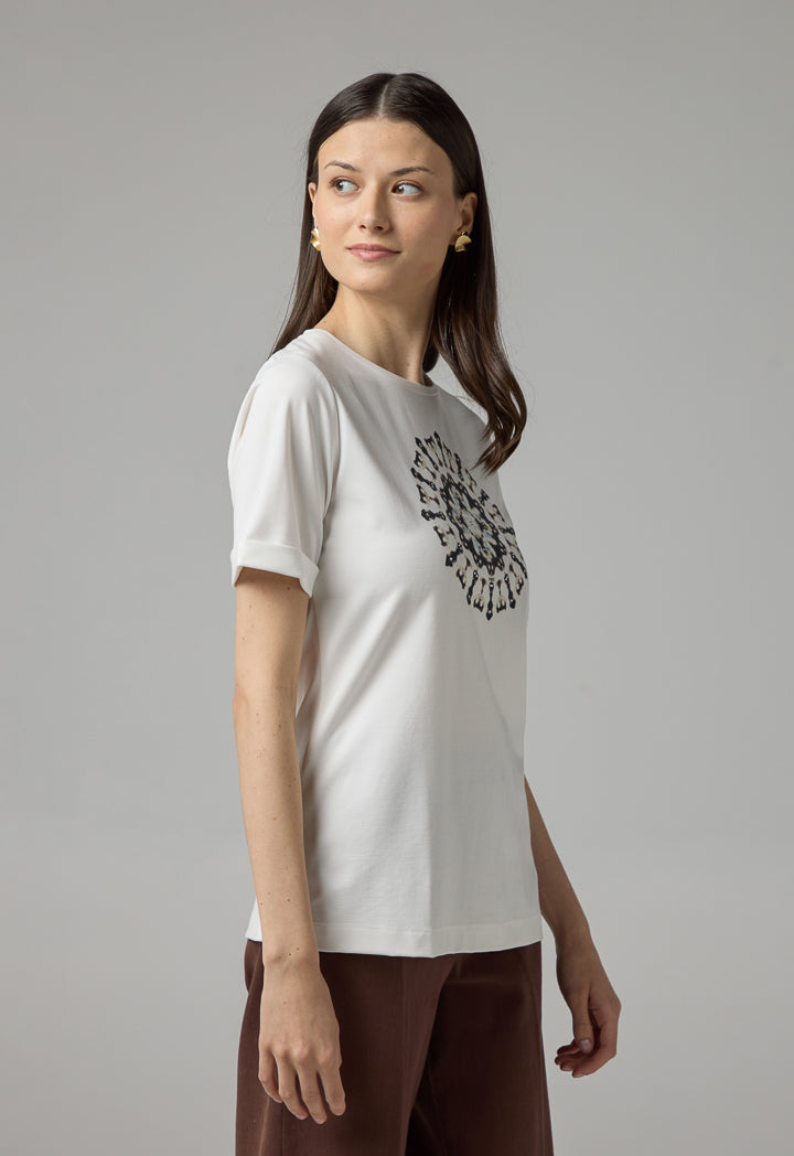 Choice Crystal Embellished Printed Motif T-Shirt Off White