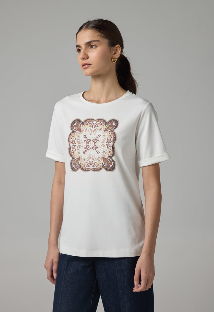 Choice Printed Motif Crystal Embellished T-Shirt Off White