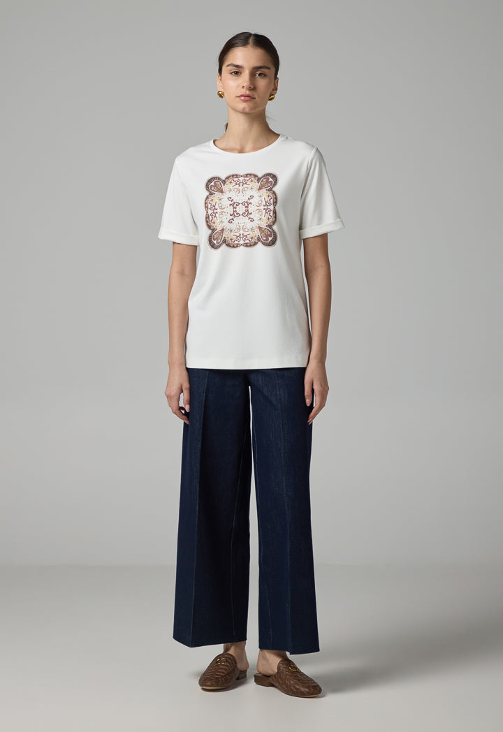 Choice Printed Motif Crystal Embellished T-Shirt Off White