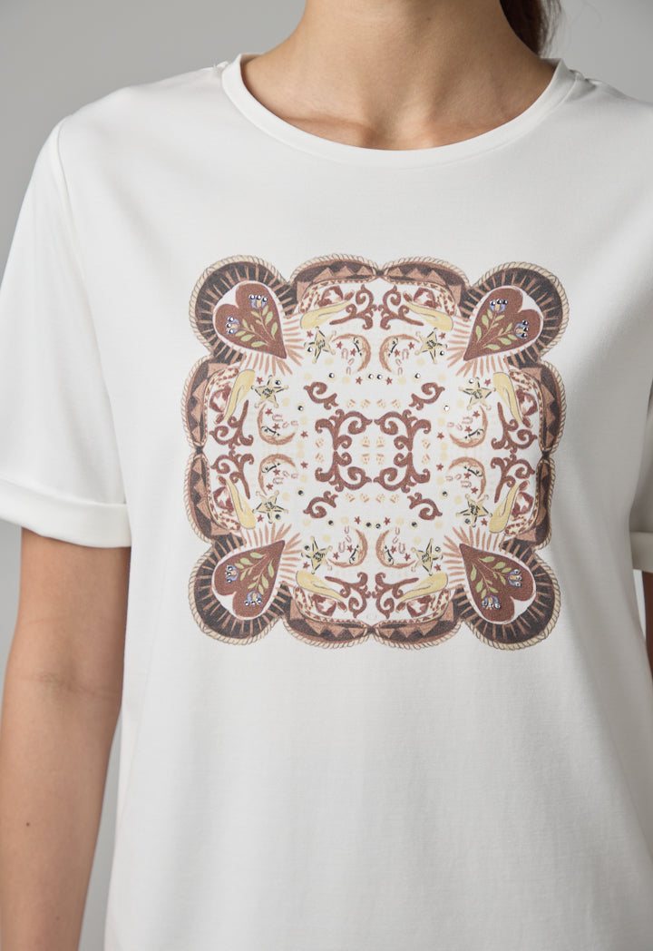 Choice Printed Motif Crystal Embellished T-Shirt Off White