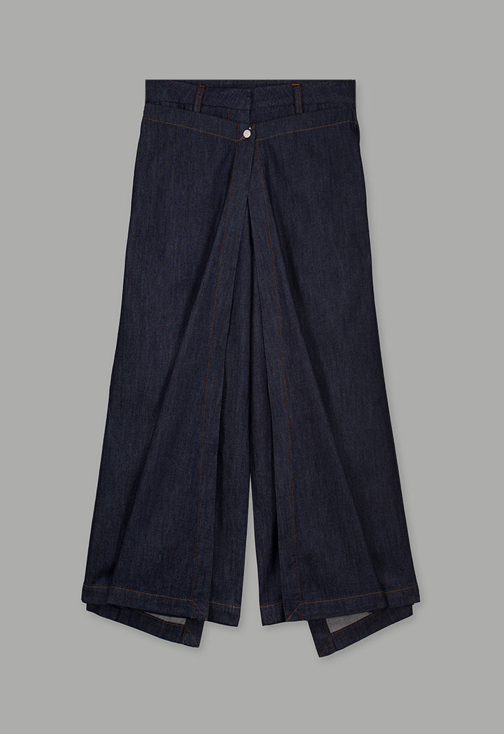 Choice Solid Wide Leg Overlap Denim Trousers  Indigo