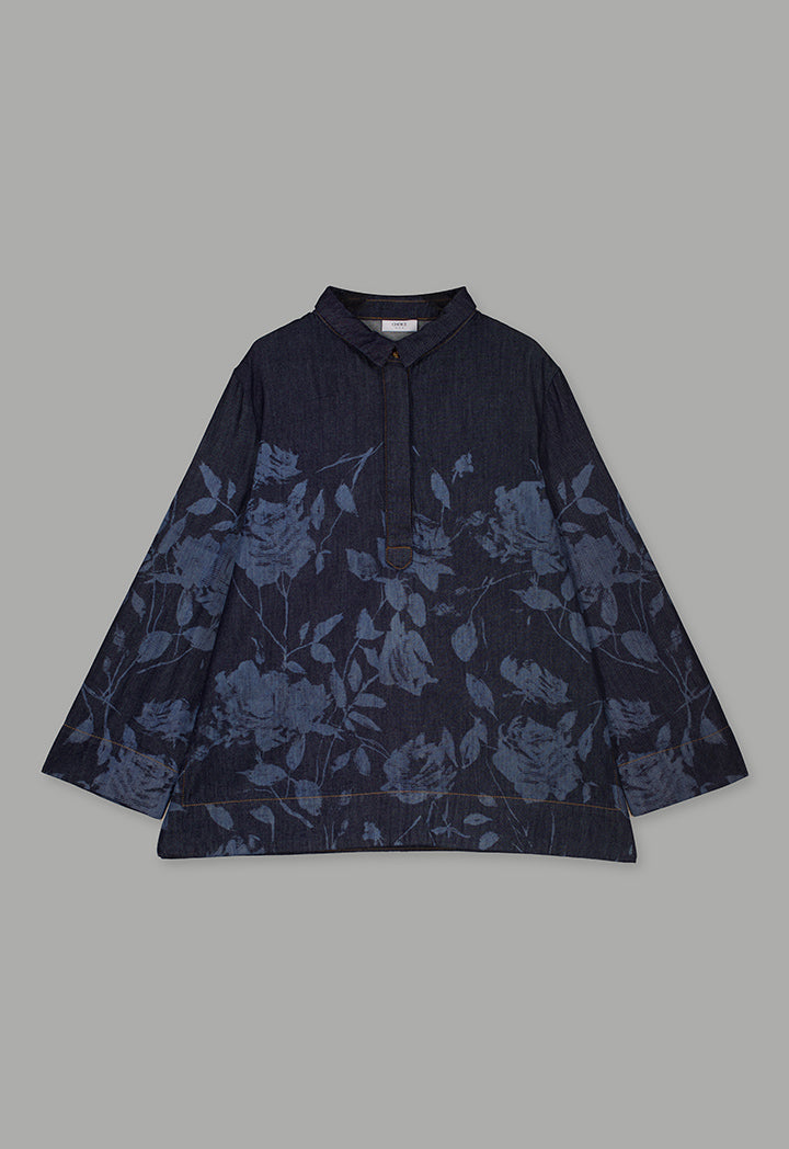 Choice Floral Print Denim Blouse Indigo