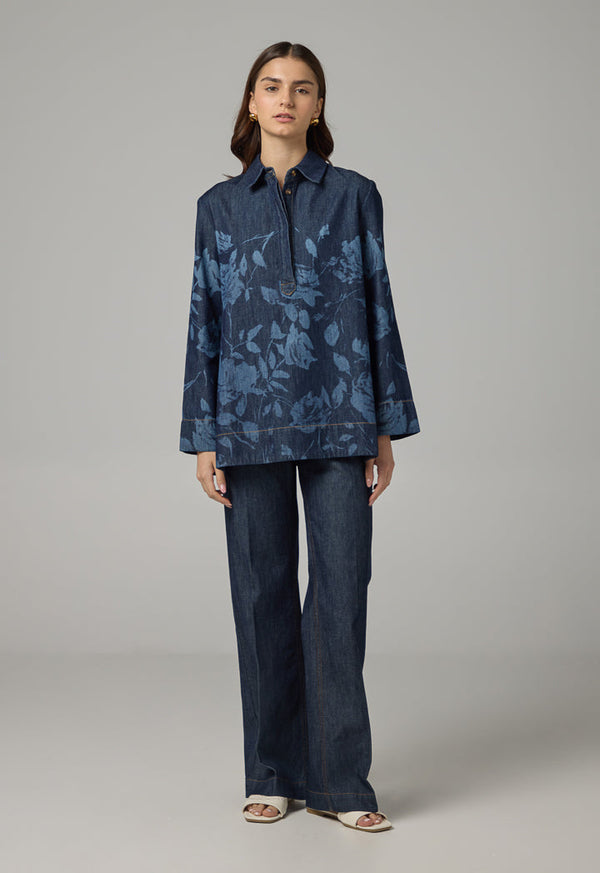Choice Floral Print Denim Blouse Indigo