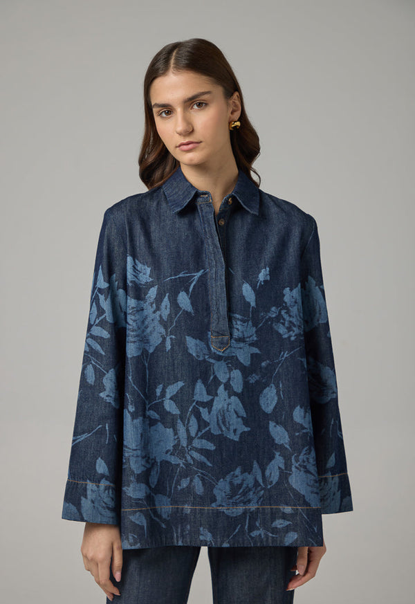 Choice Floral Print Denim Blouse Indigo