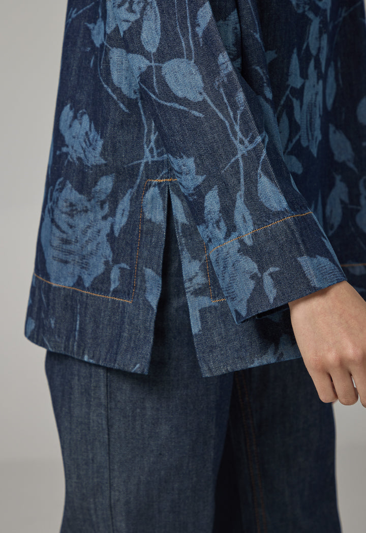Choice Floral Print Denim Blouse Indigo