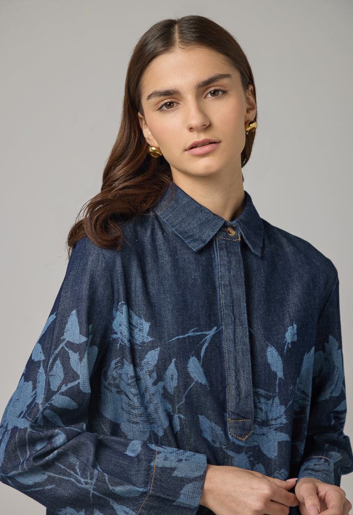 Choice Floral Print Denim Blouse Indigo