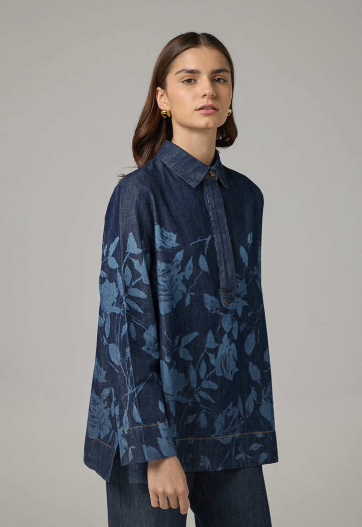 Choice Floral Print Denim Blouse Indigo