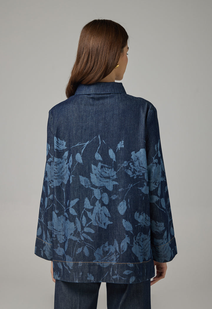 Choice Floral Print Denim Blouse Indigo