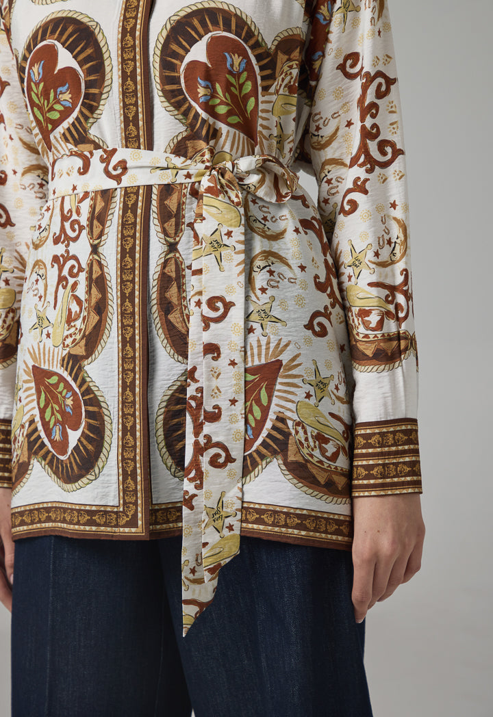 Choice Printed Regular Fit Belted Shirt Brown