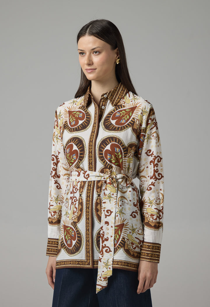 Choice Printed Regular Fit Belted Shirt Brown