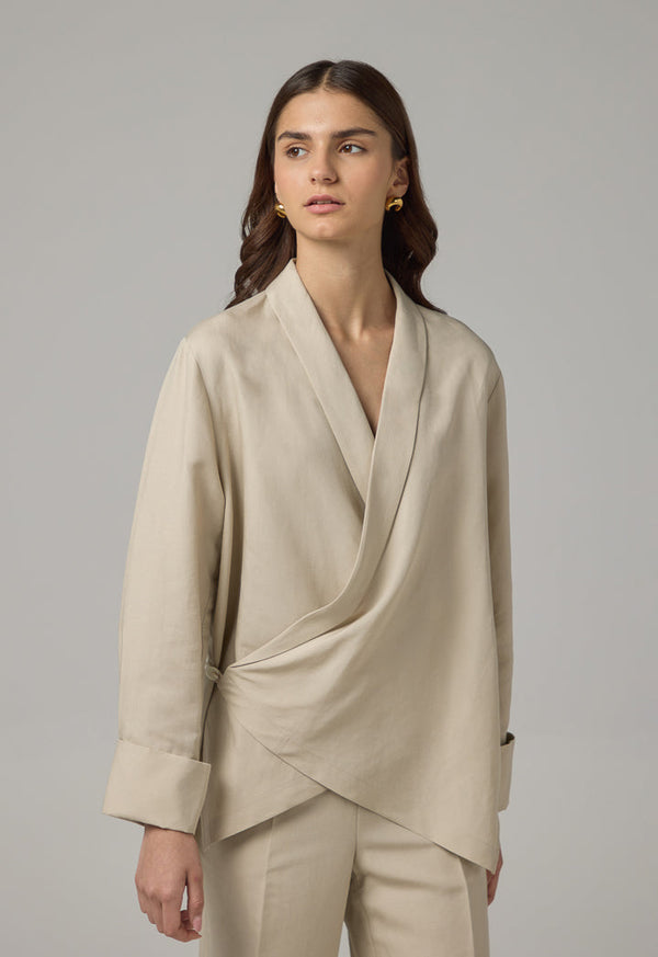 Choice Basic Long Sleeve High-Low Blouse Beige