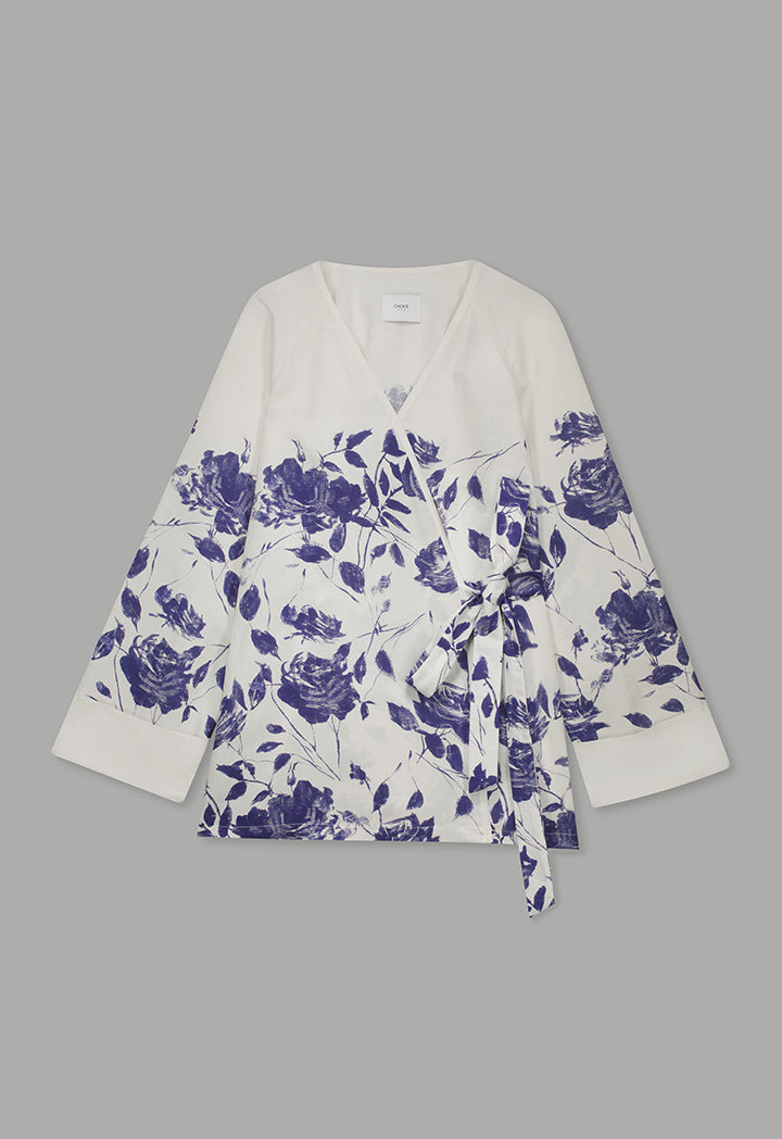 Choice Tie Waist Floral Print Kimono Off White