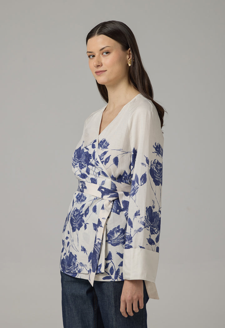 Choice Tie Waist Floral Print Kimono Off White