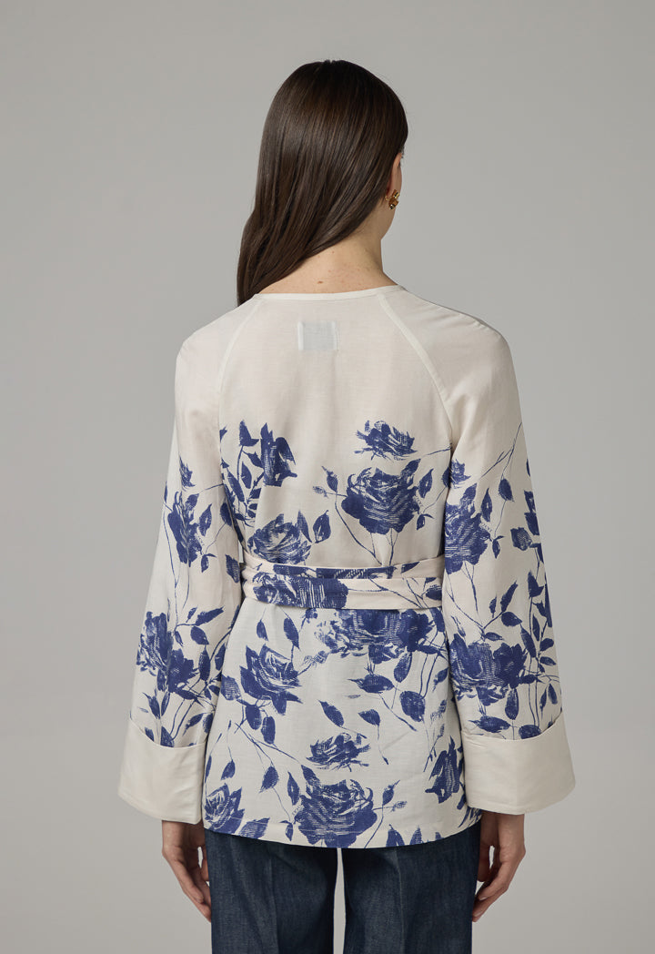 Choice Tie Waist Floral Print Kimono Off White