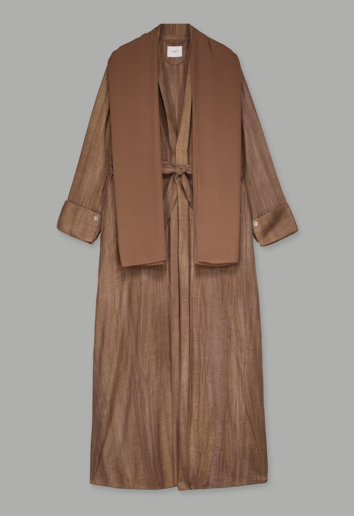 Choice Long Sleeves Crinkled Maxi Open Abaya With Hijab (2Pcs) Brown