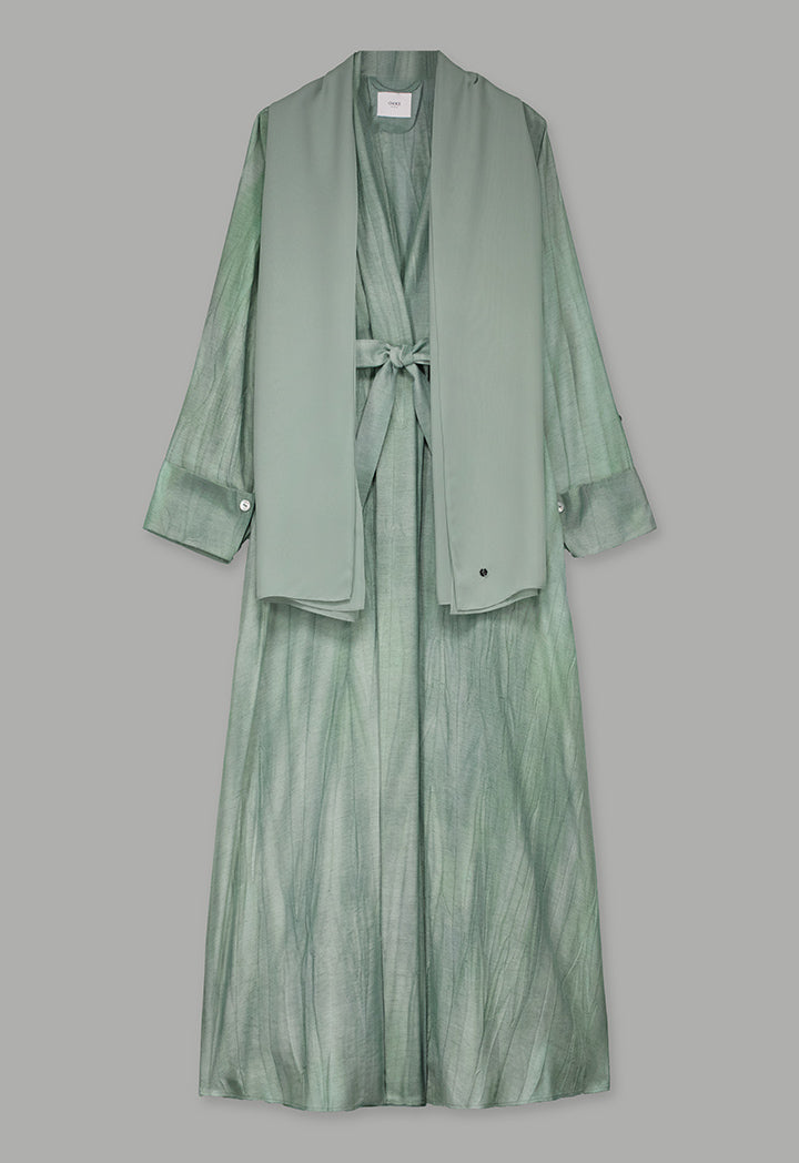 Choice Long Sleeves Crinkled Maxi Open Abaya With Hijab (2Pcs) Green