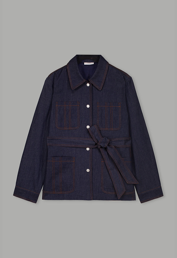 Choice Solid Front Pockets Belted Jacket Indigo