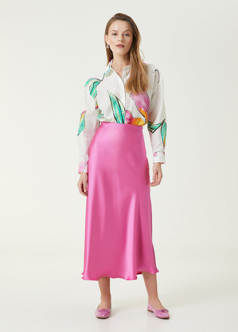 Beymen Club Midi A-Line Satin Skirt Fuchsia