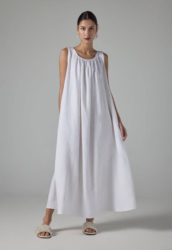 Choice Solid Sleeveless Flared Linen Dress - Ramadan Style Off White