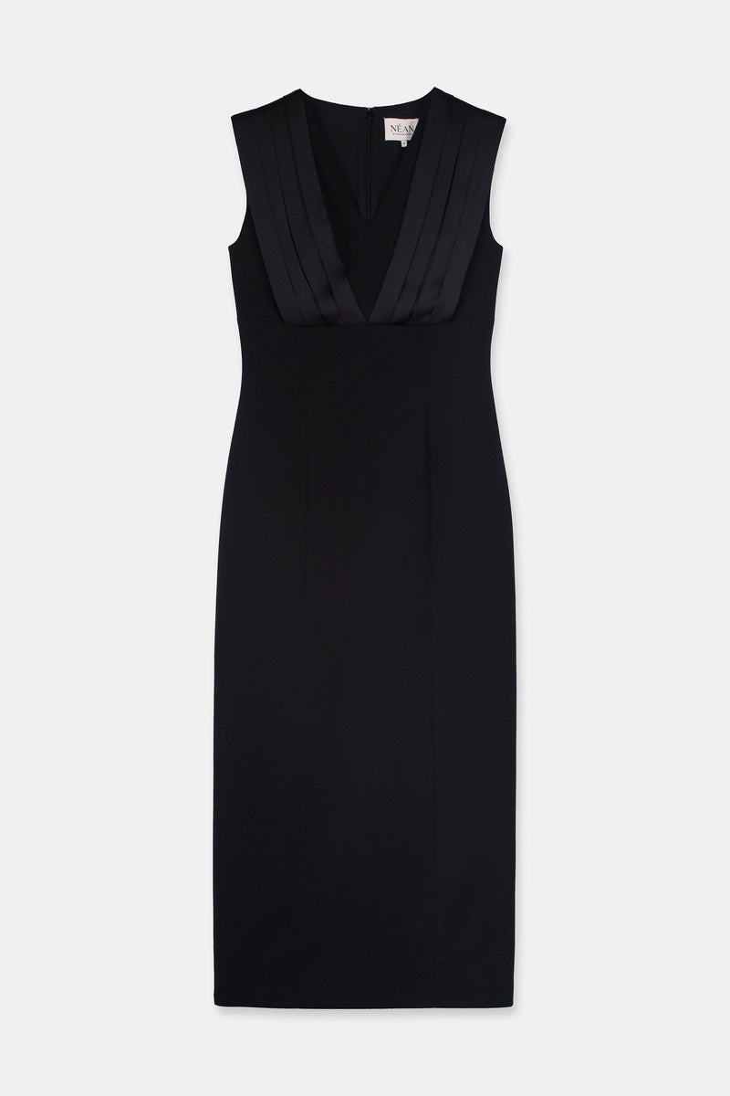 Nean Pleated Satin Panel Midi Dress Black