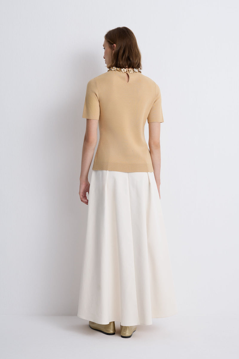 Nean Embellished Neckline Tricot Top
 Beige