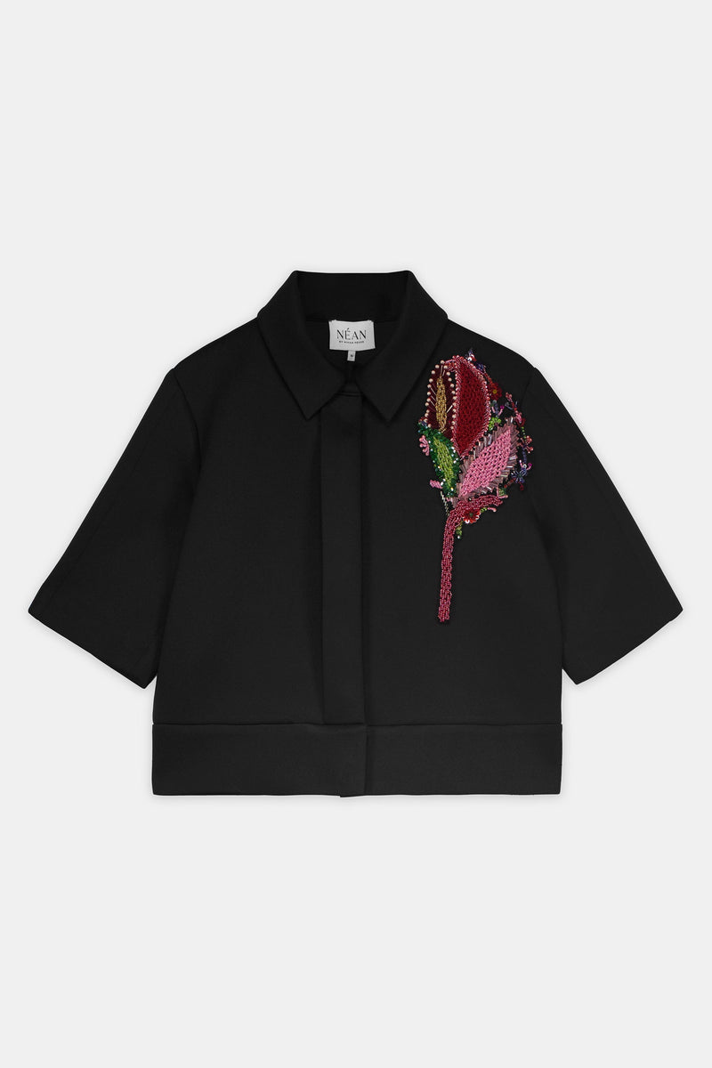 Nean Cropped Jacket With Beaded Floral Embellishment Black