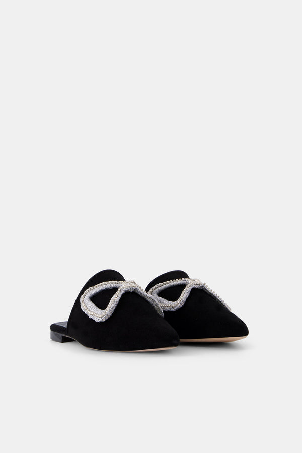 Nean Bow Detail Crystal Embellished Flat Mules  Black