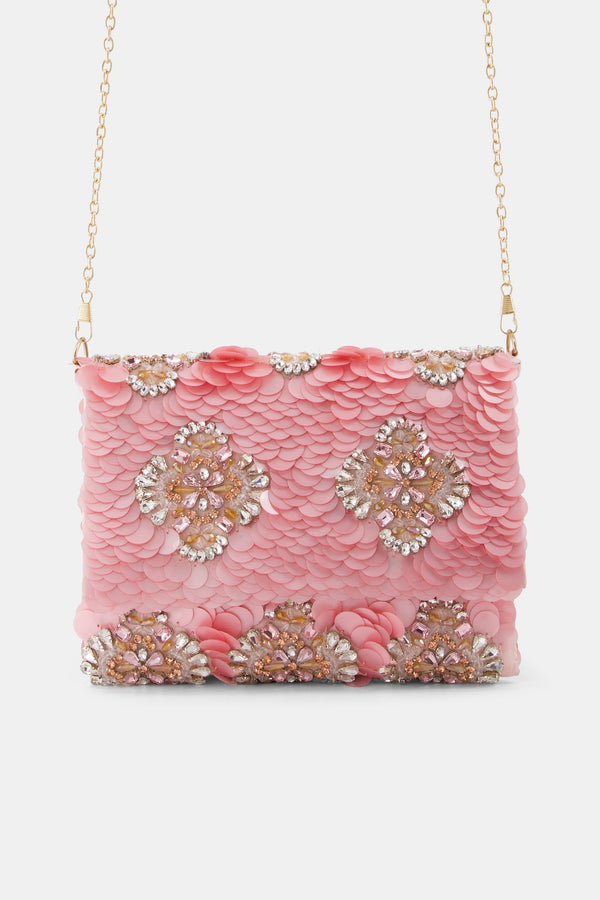 Nean Solid Sequins Embellished Clutch Bag Pink
