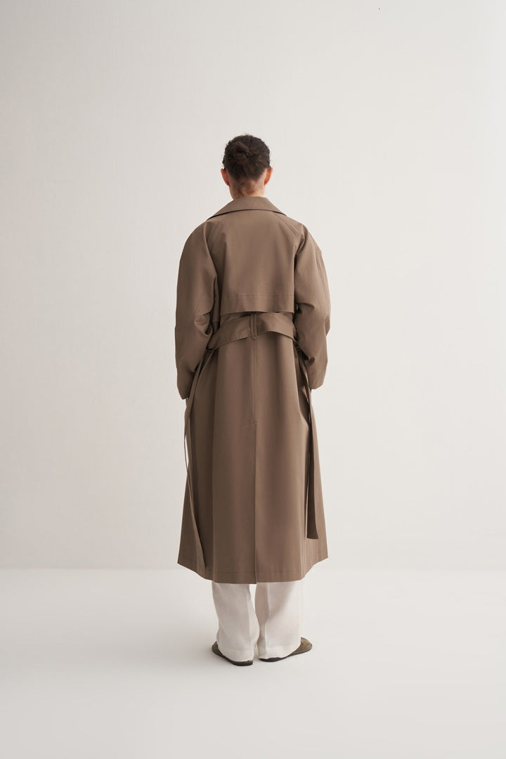 Kk Design Wide Collared Denim Trench Coat Light Khaki