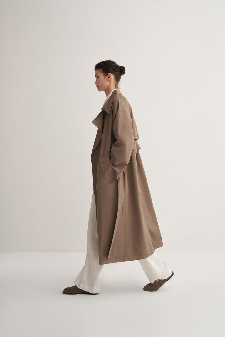 Kk Design Wide Collared Denim Trench Coat Light Khaki