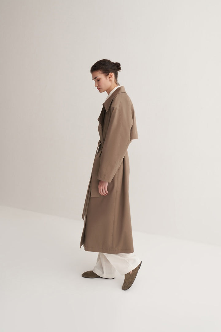 Kk Design Wide Collared Denim Trench Coat Light Khaki