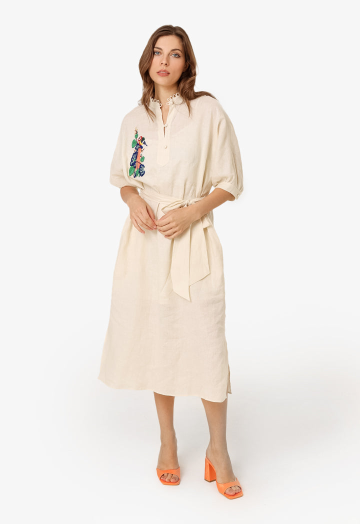 Machka Embroidered Detail Linen Dress Ecru