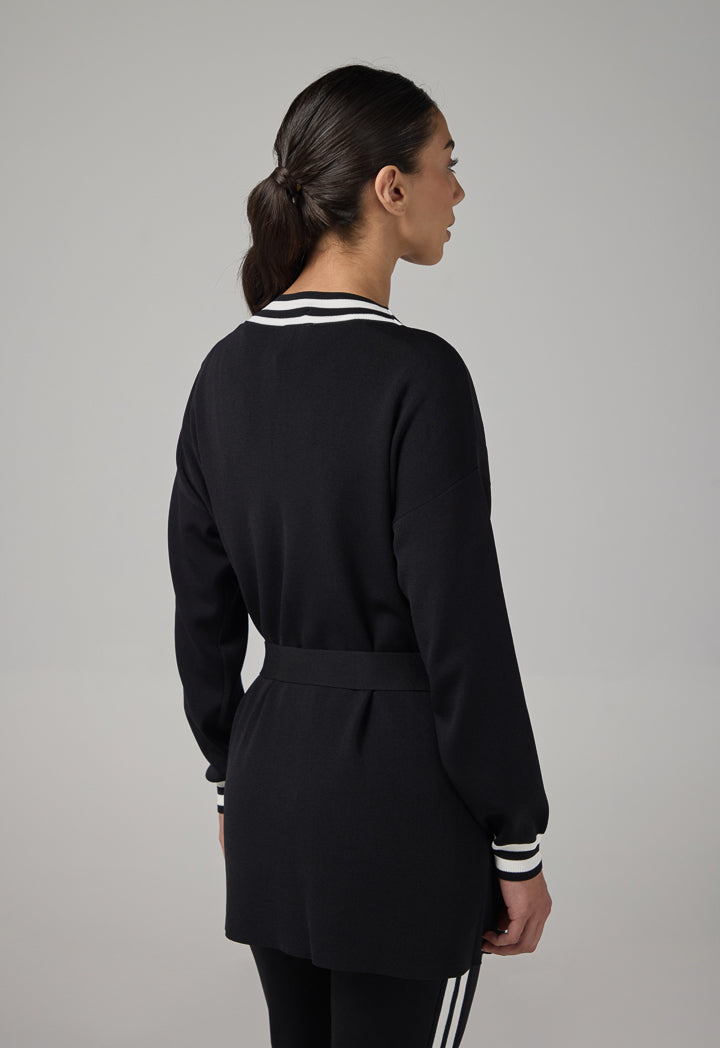 Choice Contrast Knitted Belted Cardigan Black