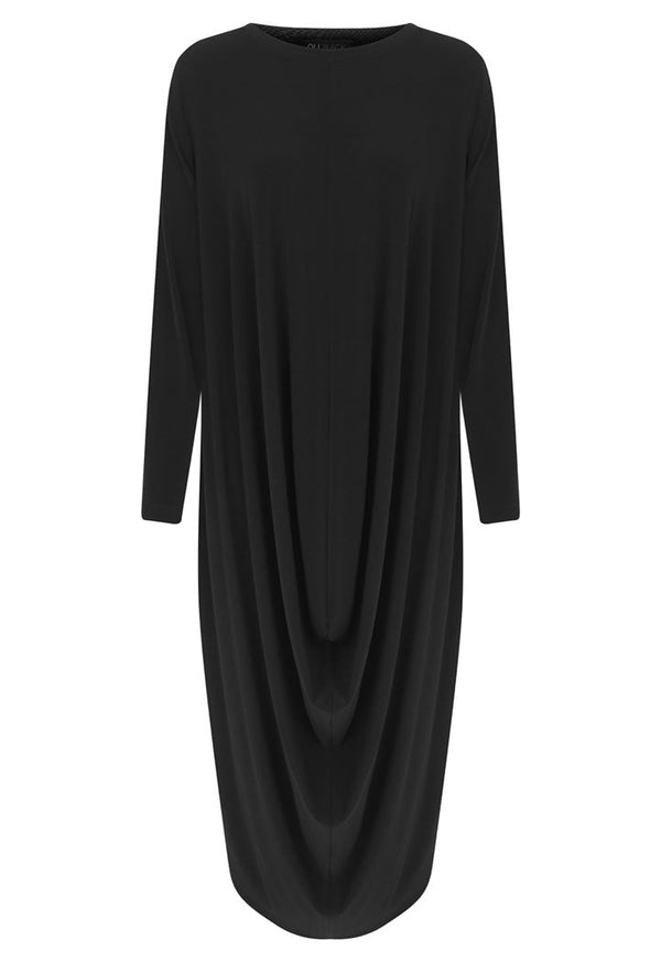 Nu Long Sleeve Front-Drape Asymmetrical Hem Maxi Dress Black