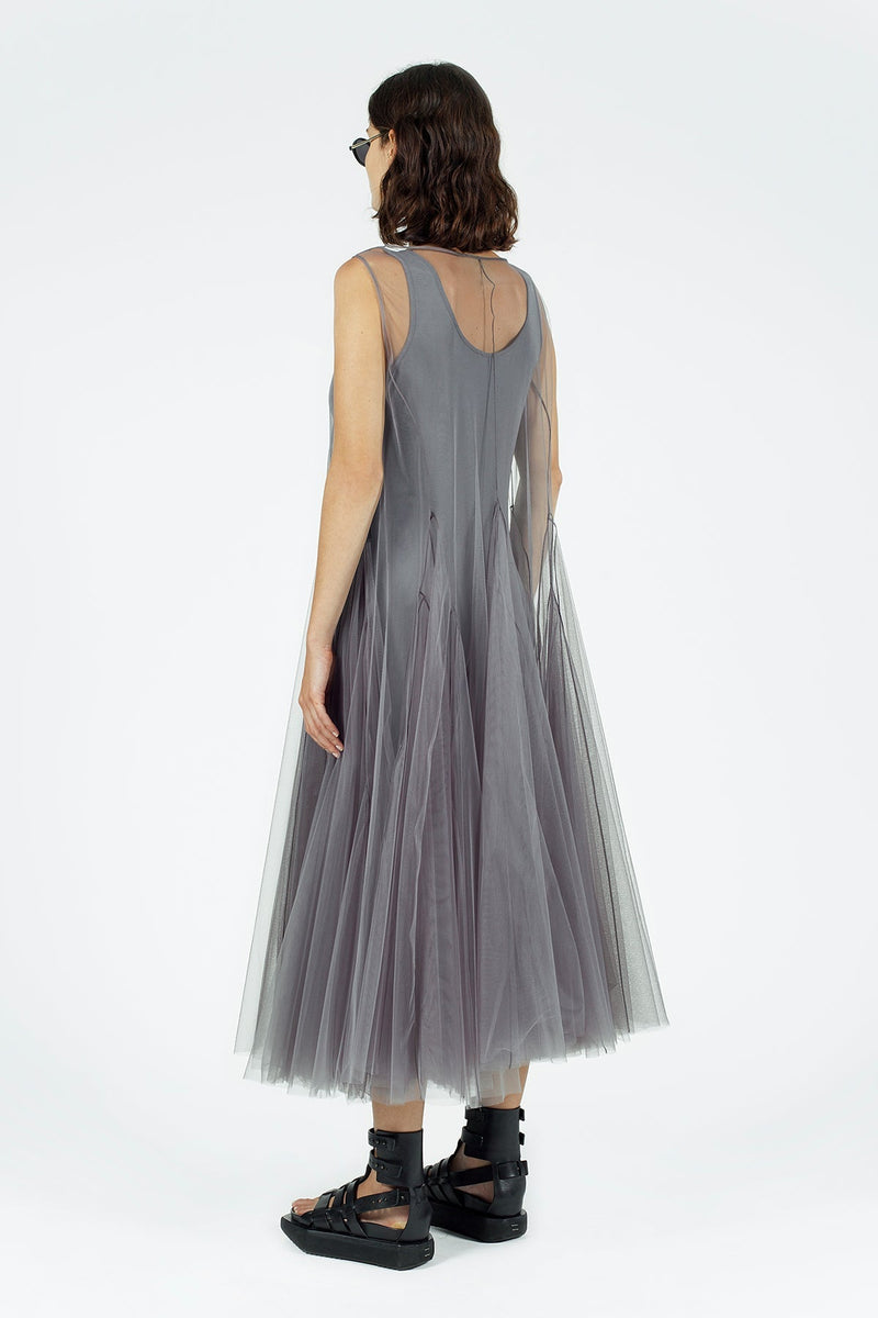 Nu Allover Tulle Sleeveless Midi Dress Foggy