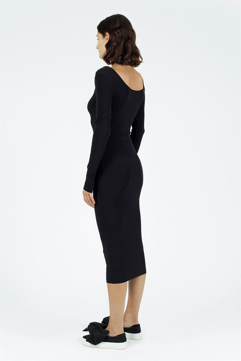 Nu Long Sleeve Slim Fit Midi Dress Black